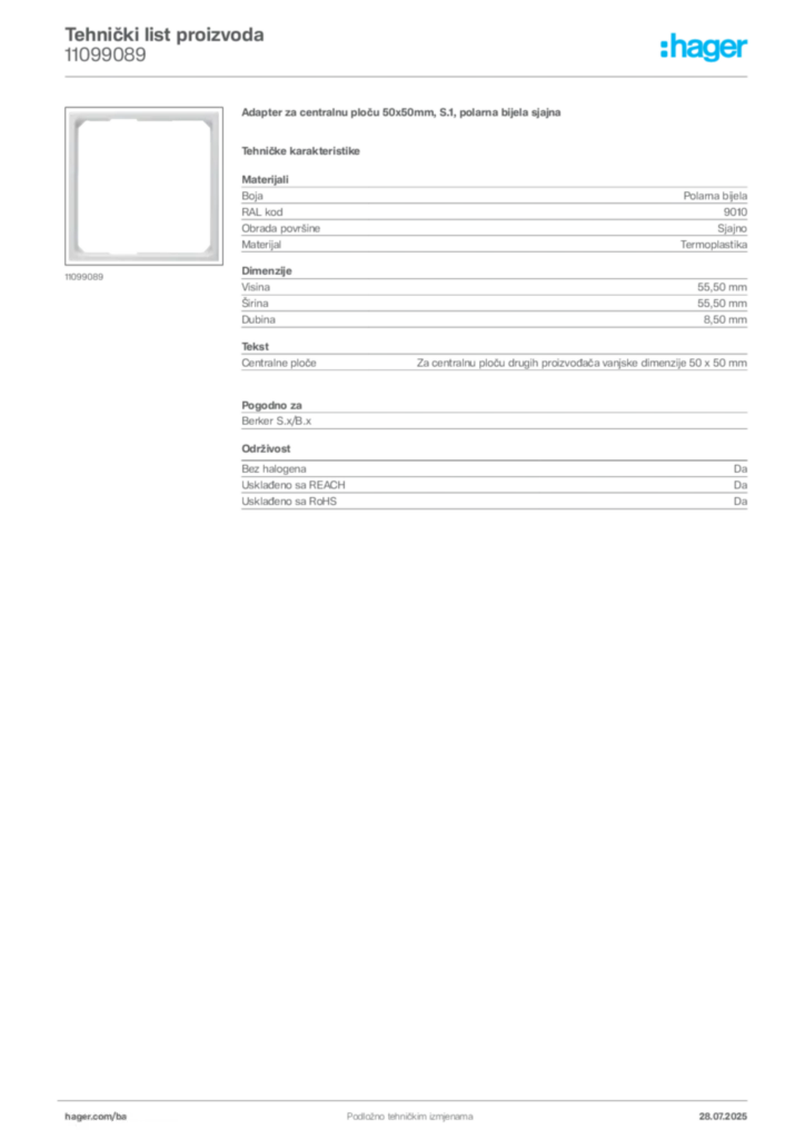 Slika Hager Product data sheet 11099089  | Hager