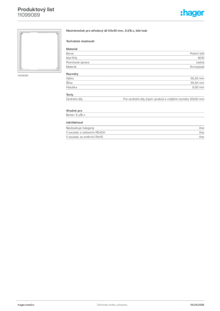 Obrázek Hager Produktový list 11099089 | Hager
