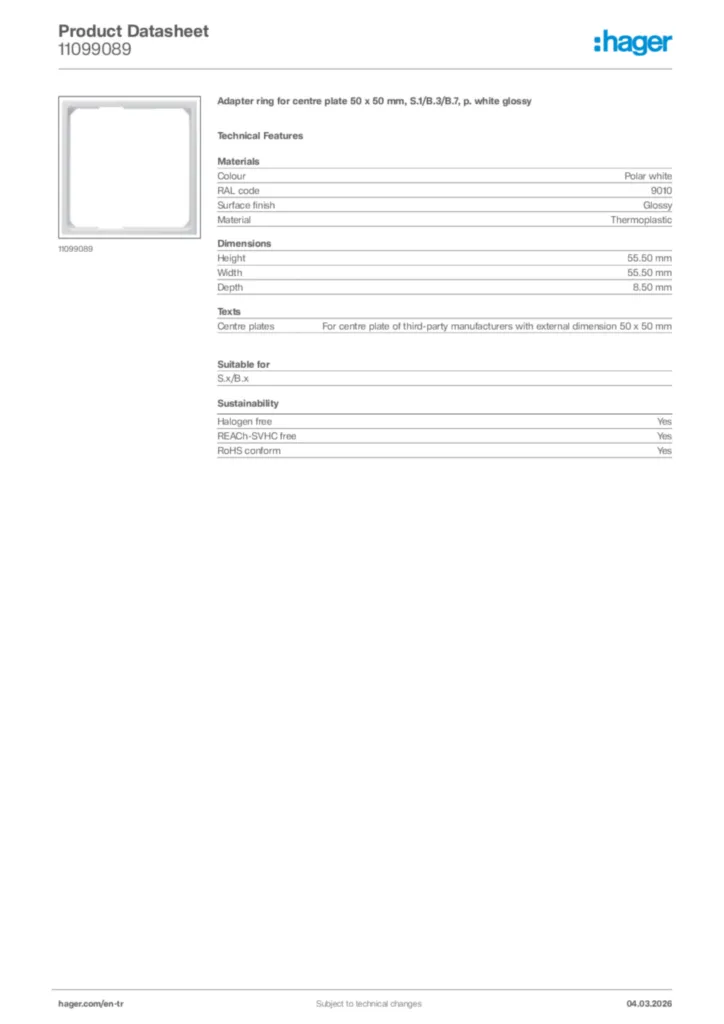 Image Hager Product data sheet 11099089  | Hager
