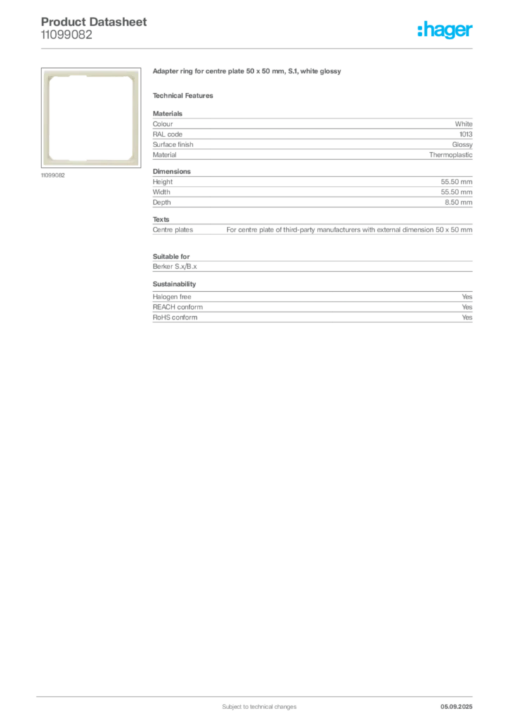 Image Hager Product data sheet 11099082  | Hager