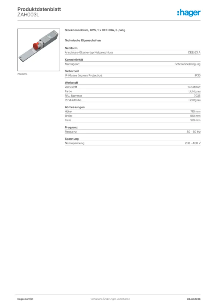 Bild Hager Produktdatenblatt ZAH003L | Hager Deutschland