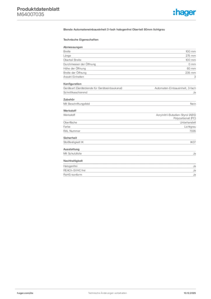 Hager Produktdatenblatt M64007035