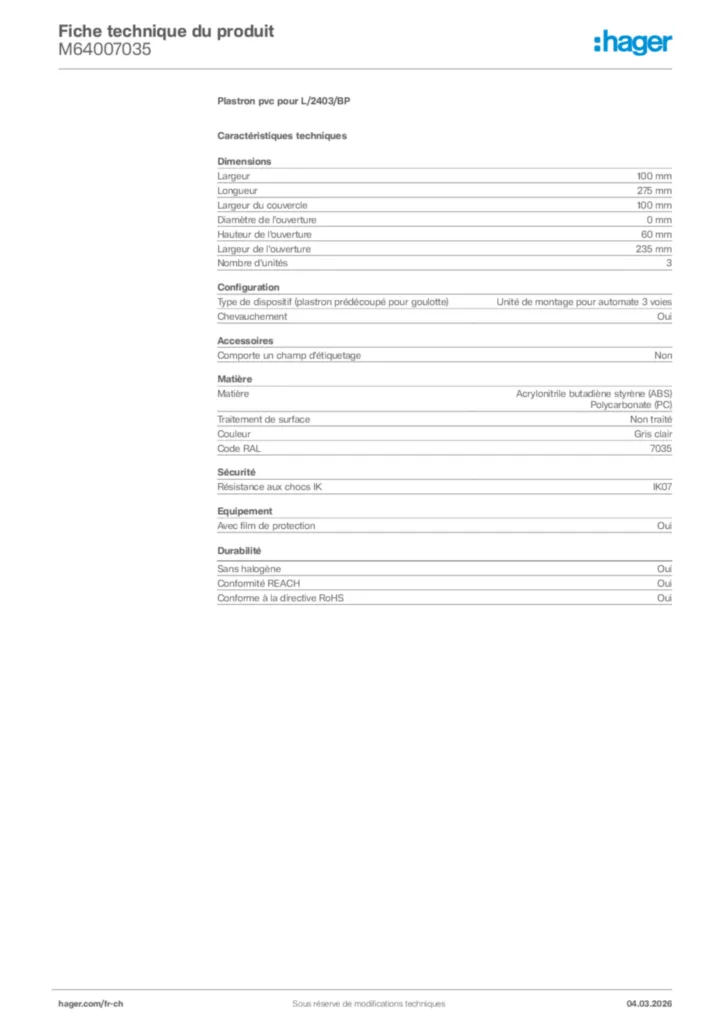 Image Hager Fiche technique du produit M64007035 | Hager Suisse