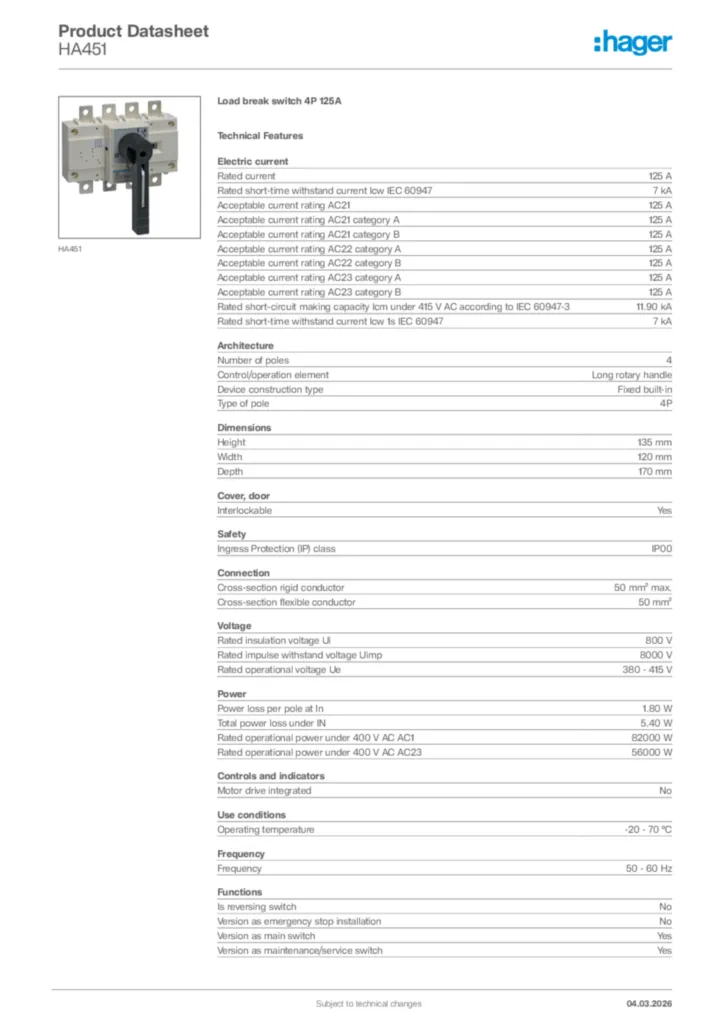 Image Hager Product data sheet HA451  | Hager Africa