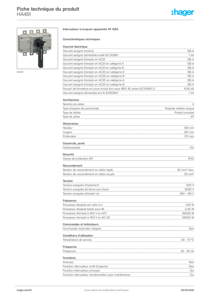 Image Hager Fiche technique du produit HA451 | Hager France