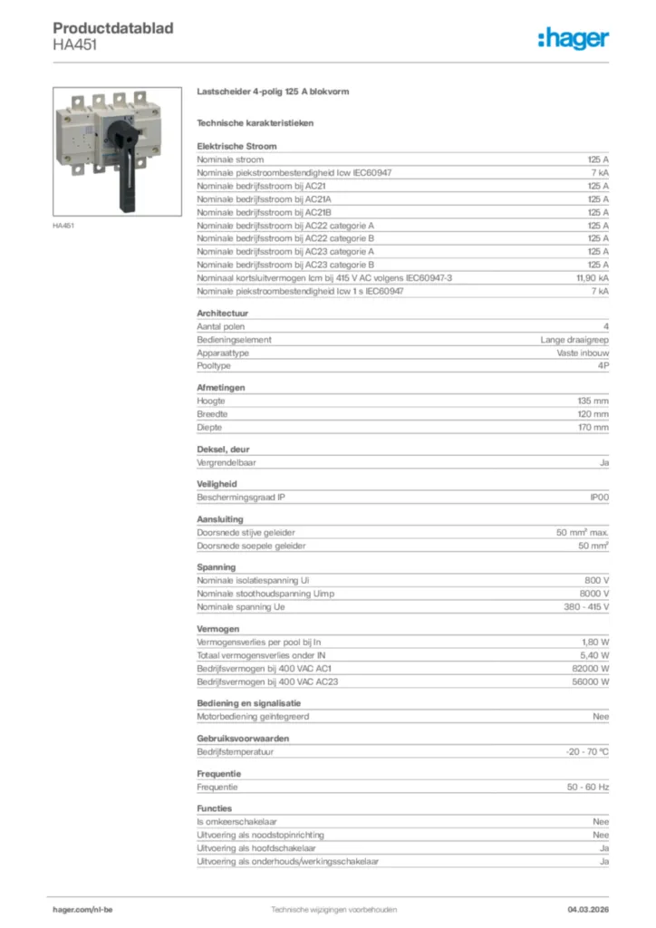 Afbeelding Hager Productdatablad HA451 | Hager Belgium
