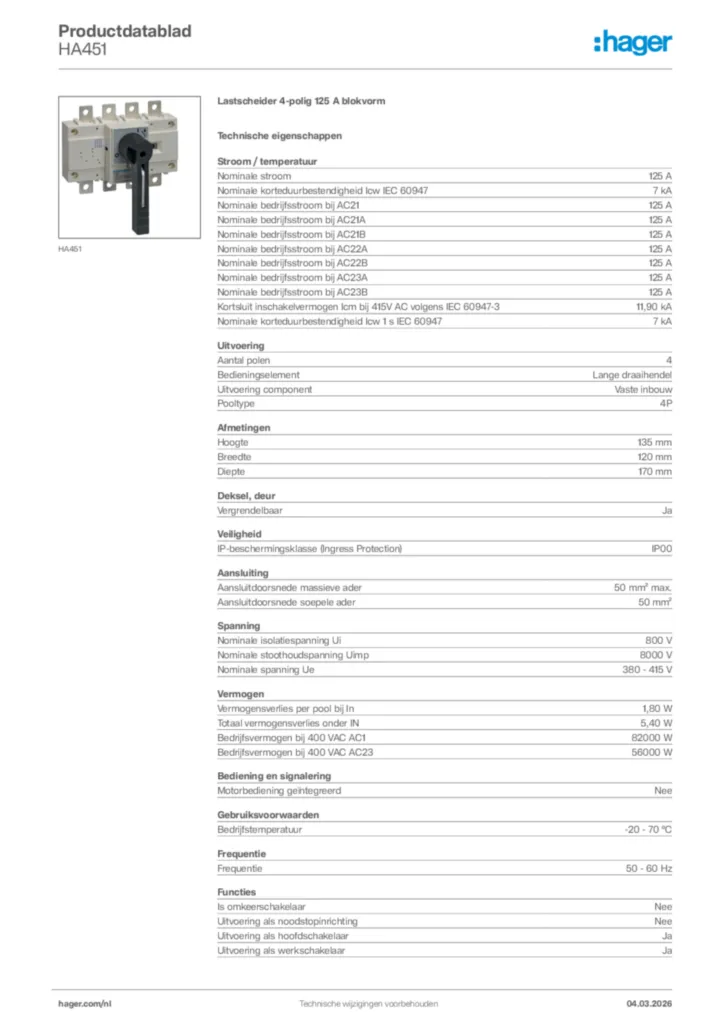 Afbeelding Hager Productdatablad HA451 | Hager Nederland