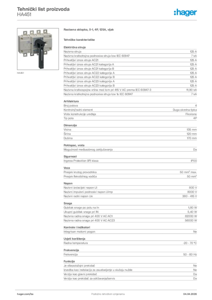 Slika Hager Tehnički list proizvoda HA451  | Hager
