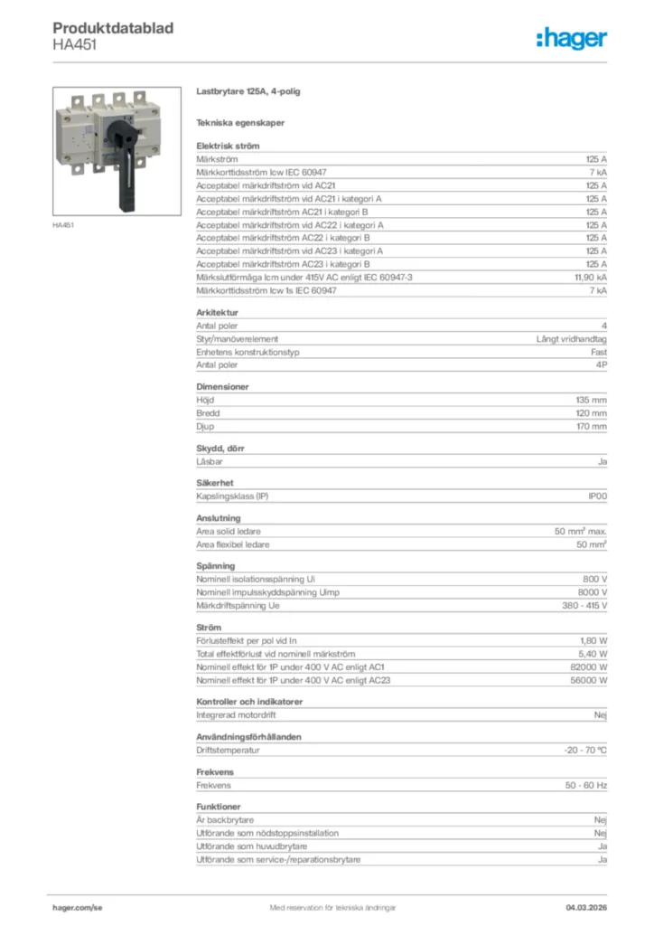 Bild Hager Produktdatablad HA451 | Hager Sverige
