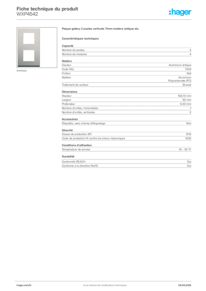 Image Hager Fiche technique du produit WXP4542 | Hager France