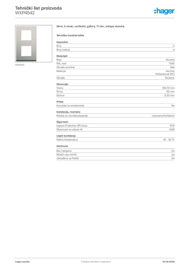 Slika Hager Tehnički list proizvoda WXP4542  | Hager