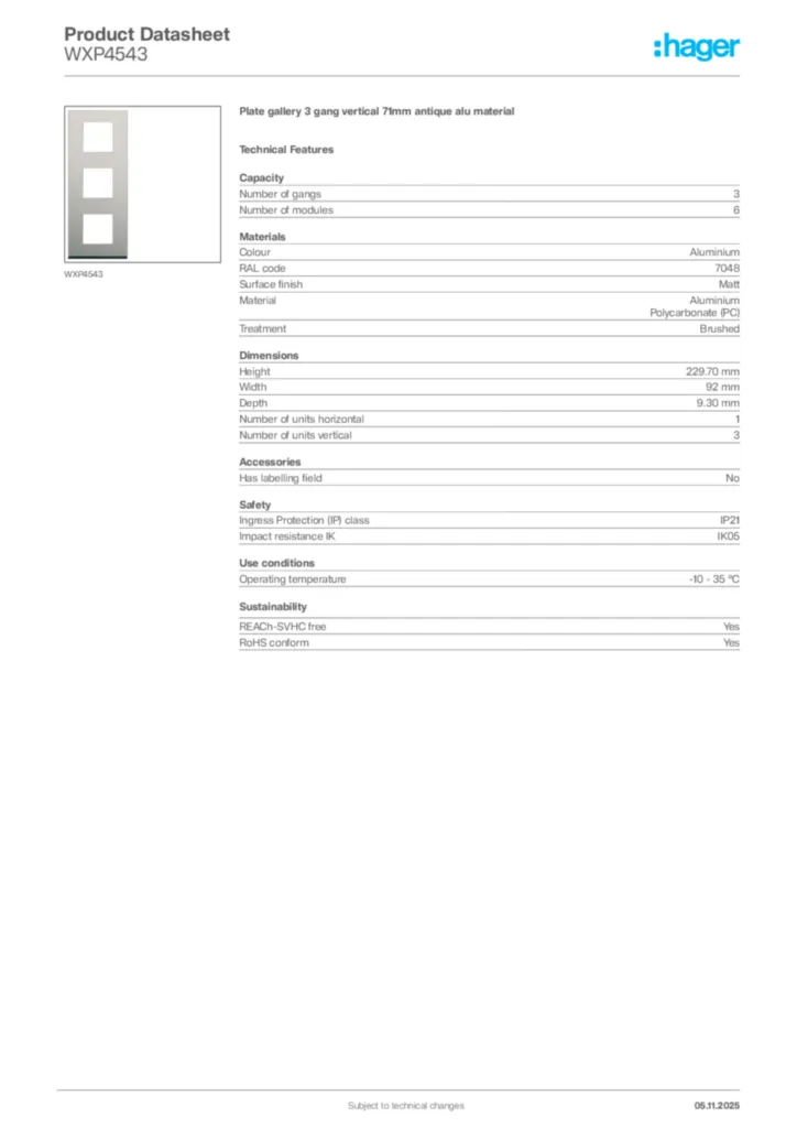 Image Hager Product data sheet WXP4543  | Hager Africa