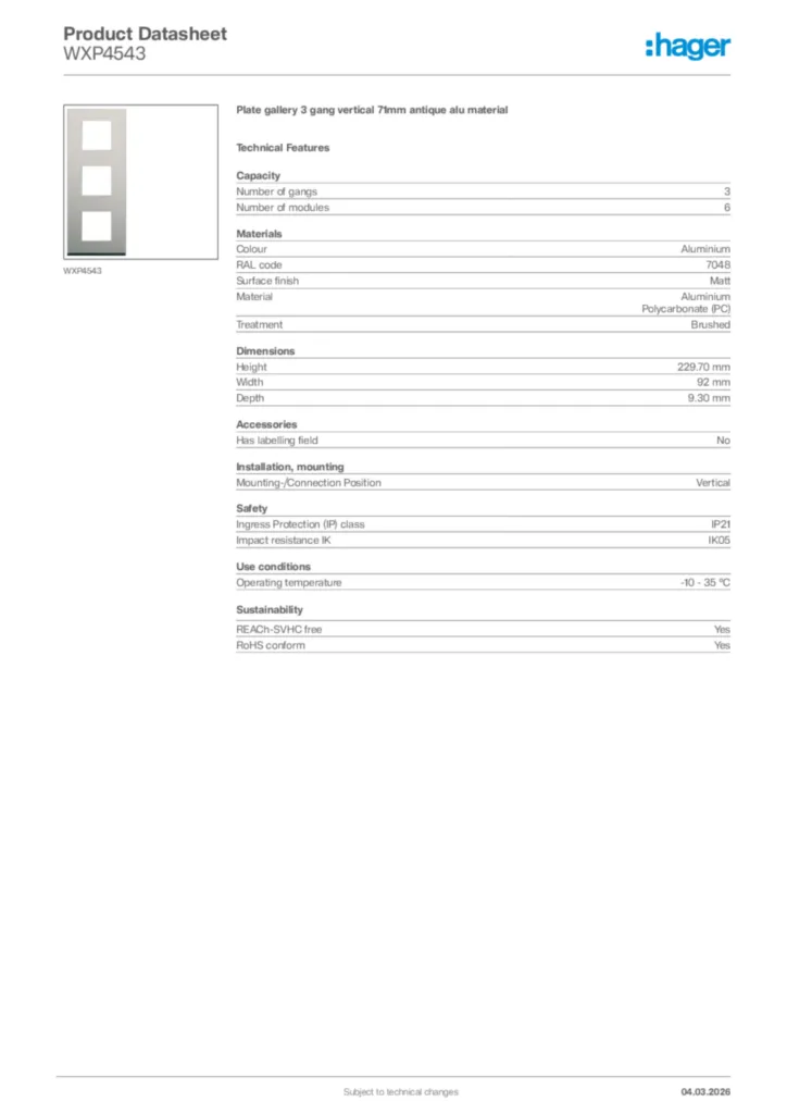 Image Hager Product data sheet WXP4543  | Hager Africa