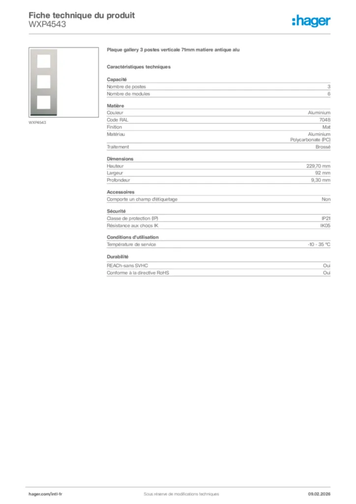 Image Hager Fiche technique du produit WXP4543 | Hager Afrique