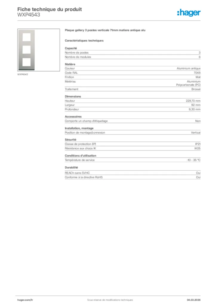 Image Hager Fiche technique du produit WXP4543 | Hager France