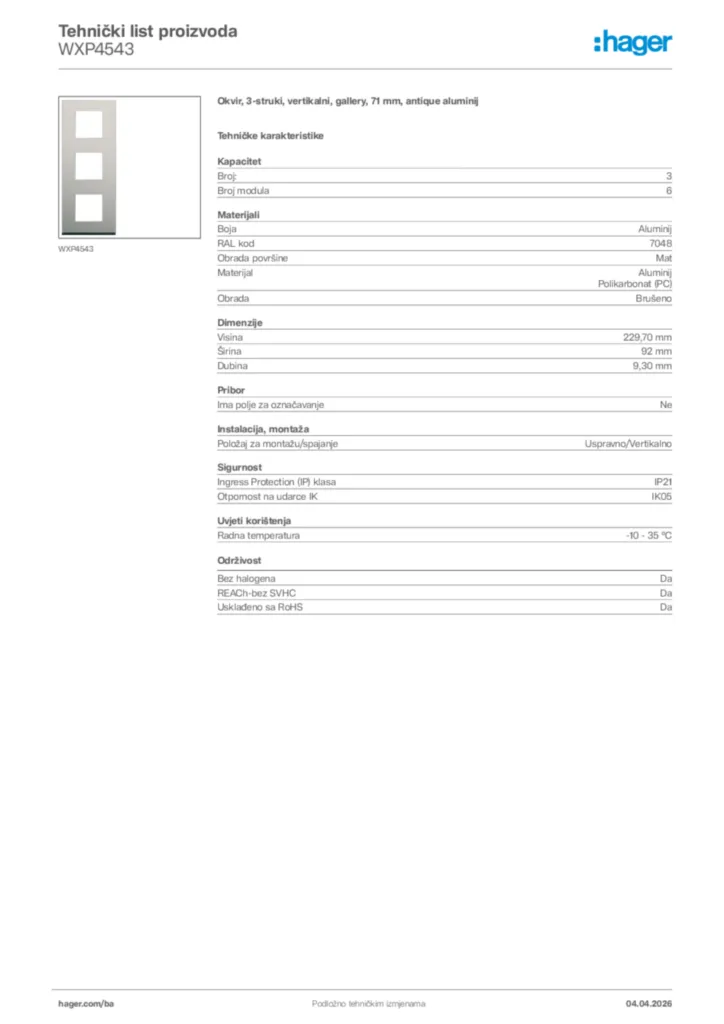 Slika Hager Tehnički list proizvoda WXP4543  | Hager