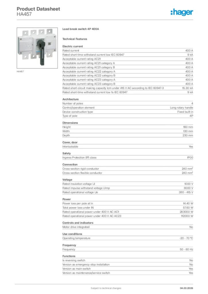 Image Hager Product data sheet HA457  | Hager Africa