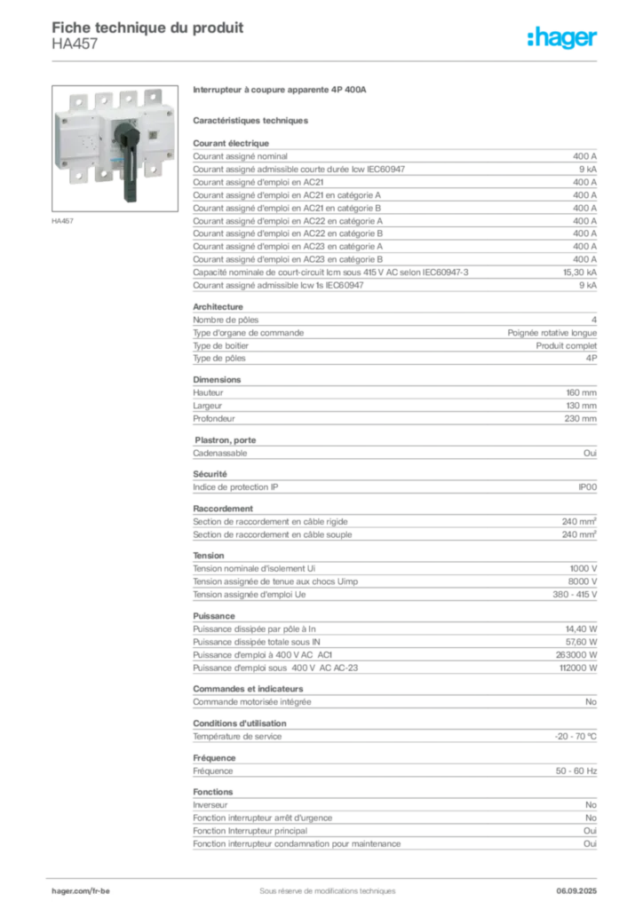 Image Hager Fiche technique du produit HA457 | Hager Belgique