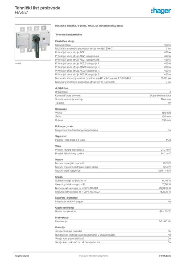 Slika Hager Tehnički list proizvoda HA457  | Hager