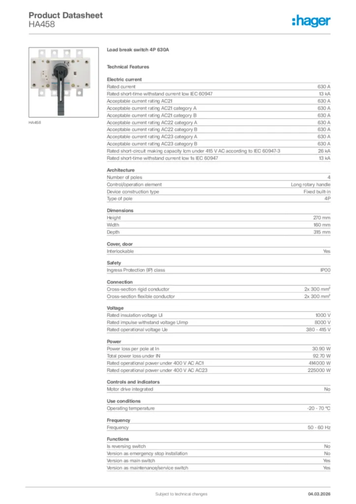 Image Hager Product data sheet HA458  | Hager Africa