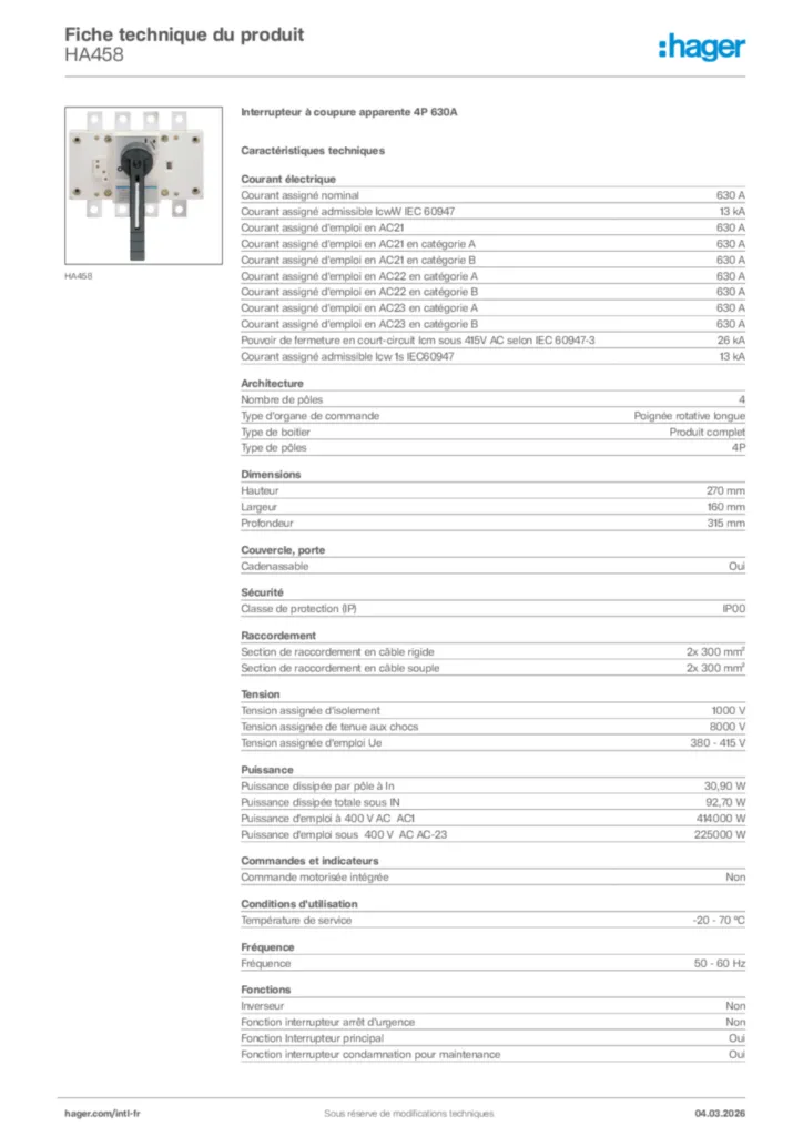 Image Hager Fiche technique du produit HA458 | Hager Afrique