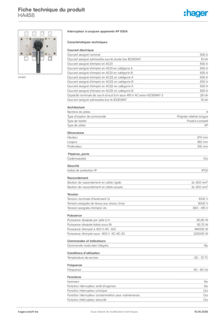 Image Hager Fiche technique du produit HA458 | Hager Belgique