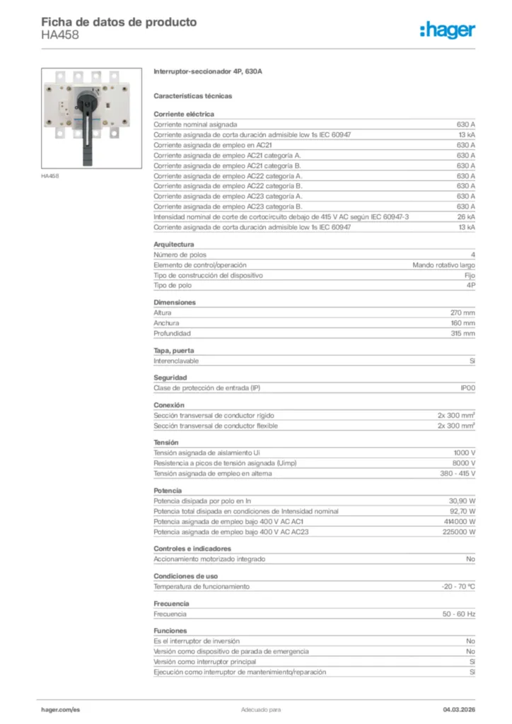 Imagen Hager Ficha de datos de producto HA458 | Hager España