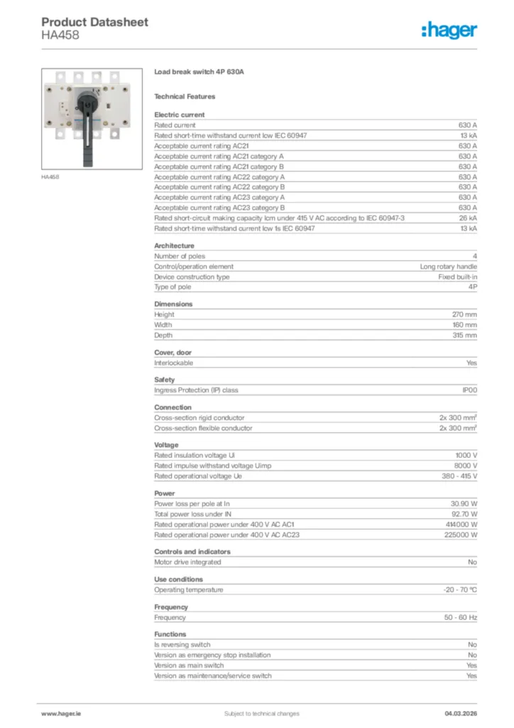 Image Hager Product data sheet HA458  | Hager