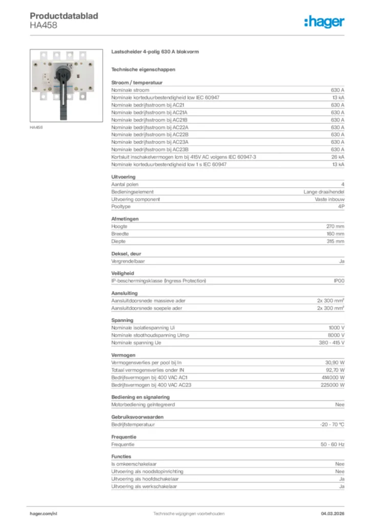 Afbeelding Hager Productdatablad HA458 | Hager Nederland