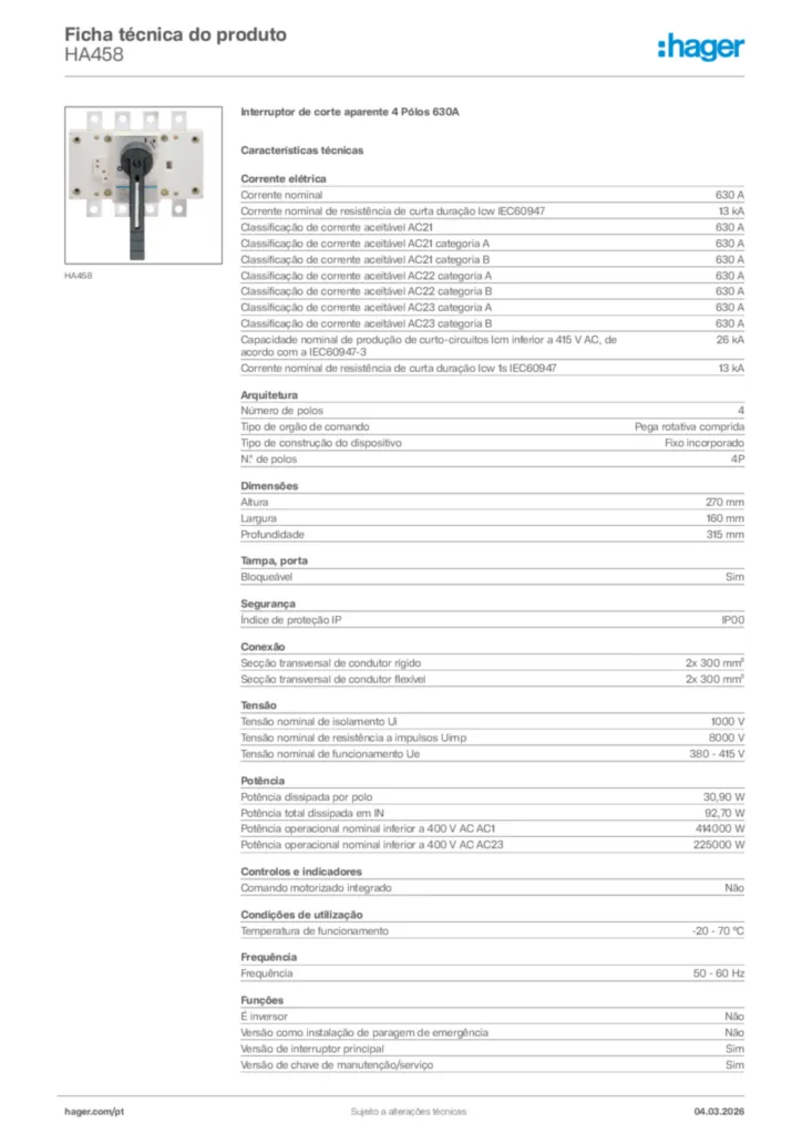 Imagem Hager Ficha técnica do produto HA458 | Hager Portugal