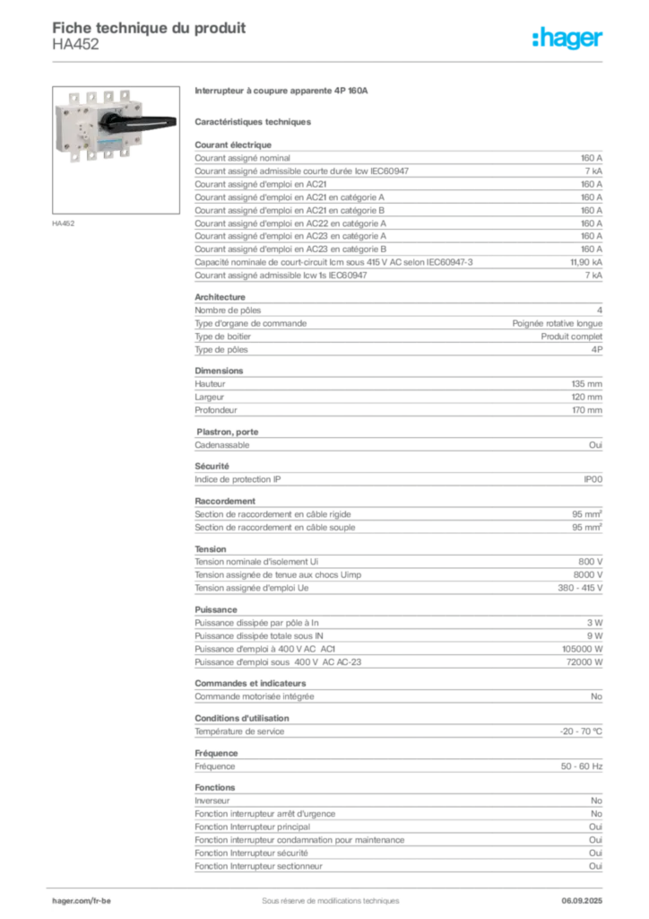 Image Hager Fiche technique du produit HA452 | Hager Belgique