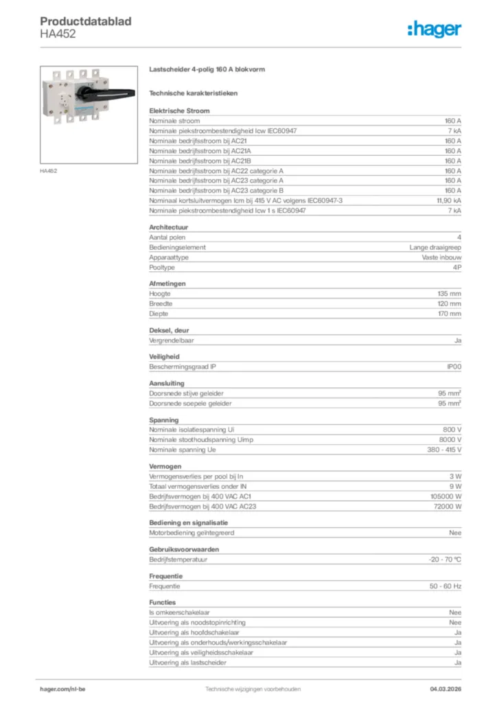 Afbeelding Hager Productdatablad HA452 | Hager Belgium