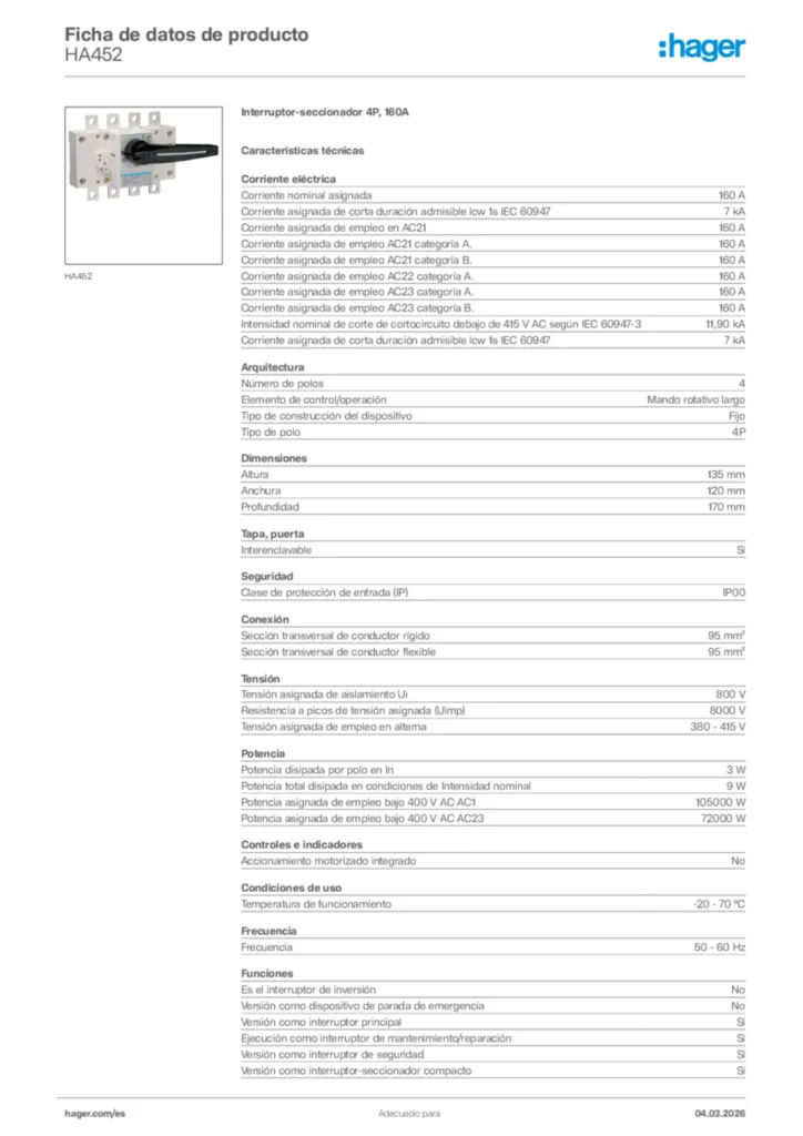 Imagen Hager Ficha de datos de producto HA452 | Hager España