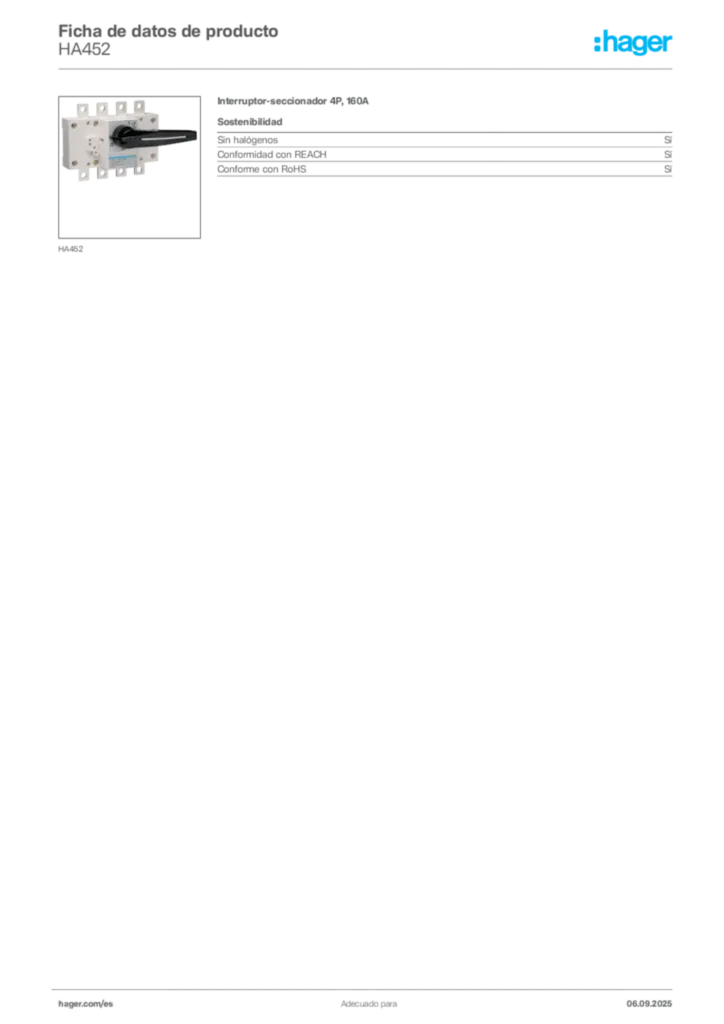 Imagen Hager Ficha de datos de producto HA452 | Hager España