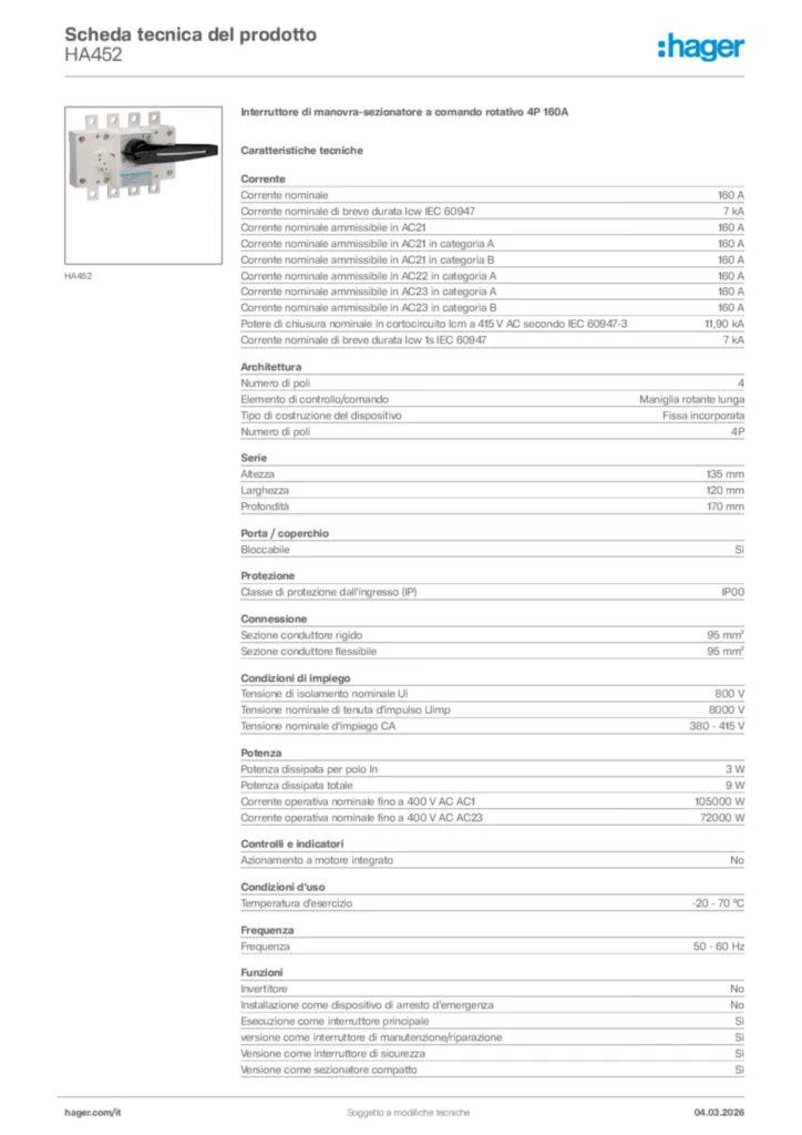 Immagine Hager Scheda tecnica del prodotto HA452 | Hager Italia