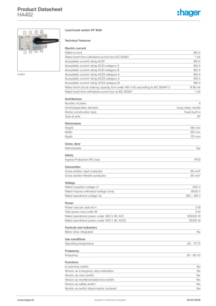 Image Hager Product data sheet HA452  | Hager