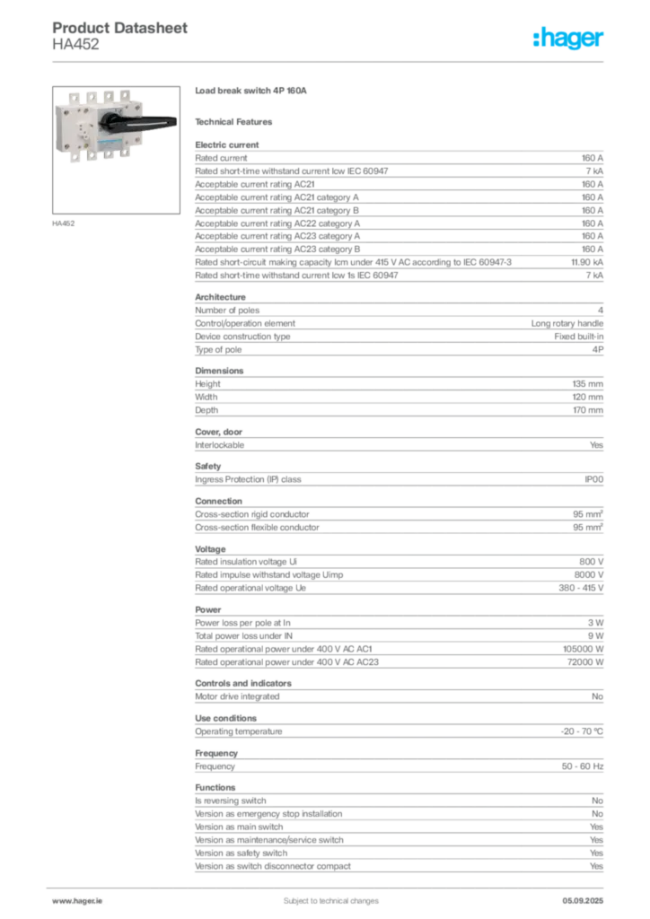 Image Hager Product data sheet HA452  | Hager