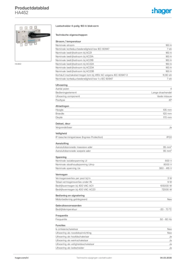Afbeelding Hager Productdatablad HA452 | Hager Nederland