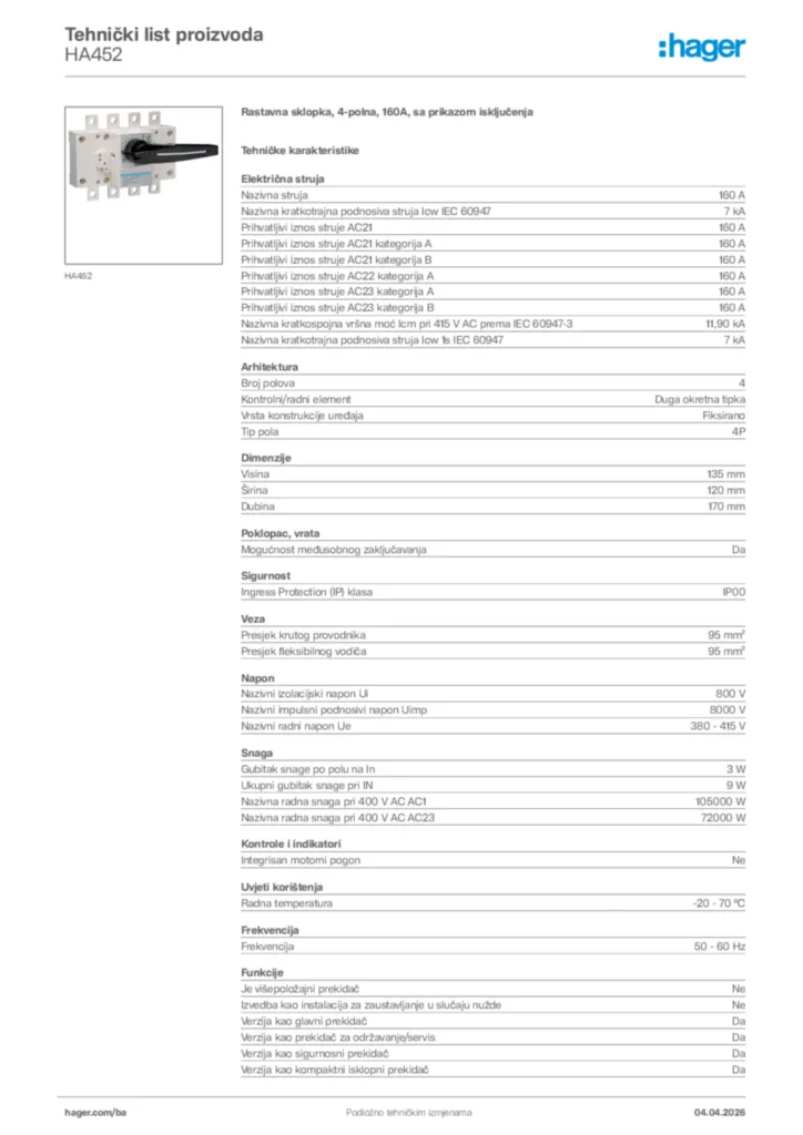 Slika Hager Tehnički list proizvoda HA452  | Hager