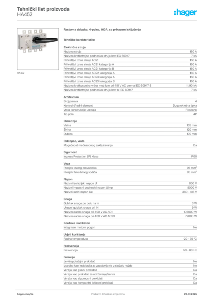 Slika Hager Product data sheet HA452  | Hager