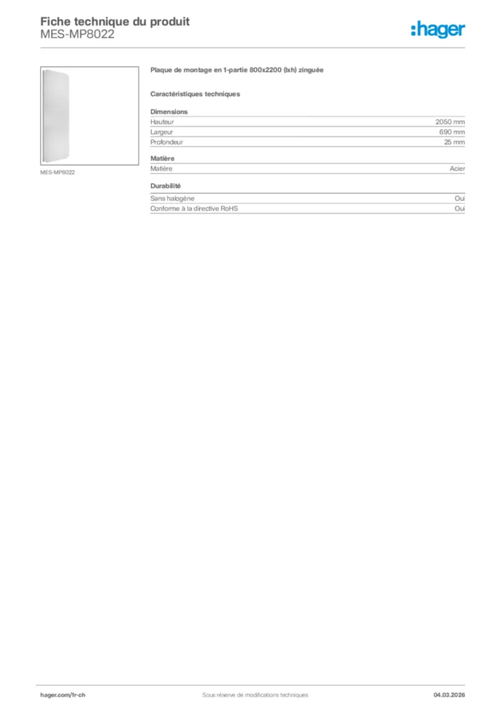 Image Hager Fiche technique du produit MES-MP8022 | Hager Suisse