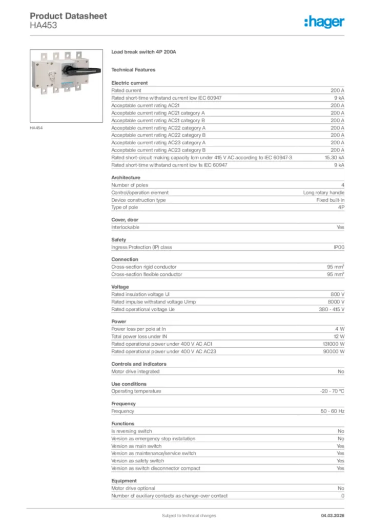 Image Hager Product data sheet HA453  | Hager Africa