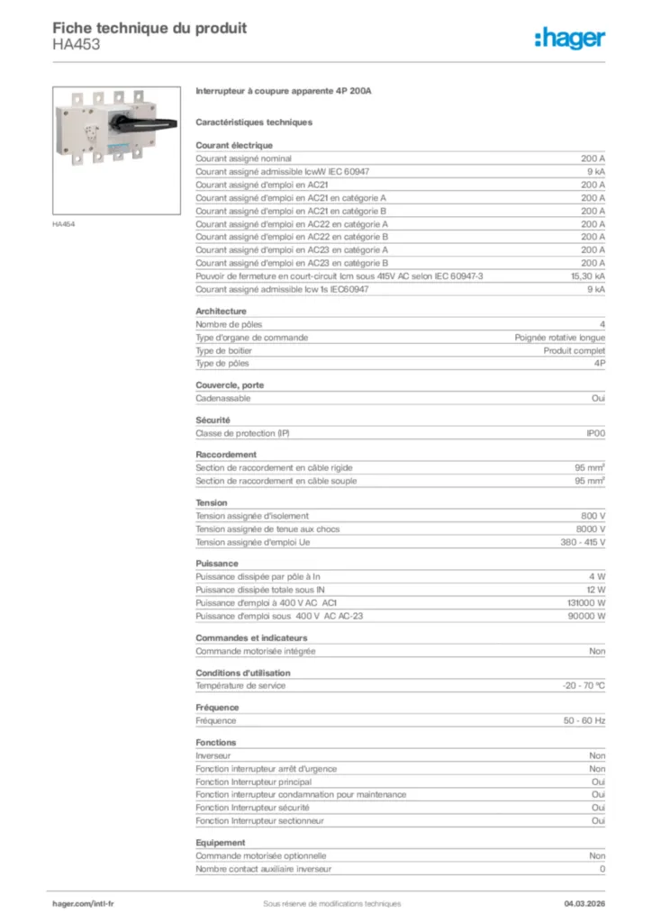 Image Hager Fiche technique du produit HA453 | Hager Afrique