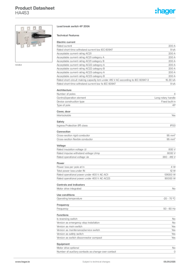 Image Hager Product data sheet HA453  | Hager