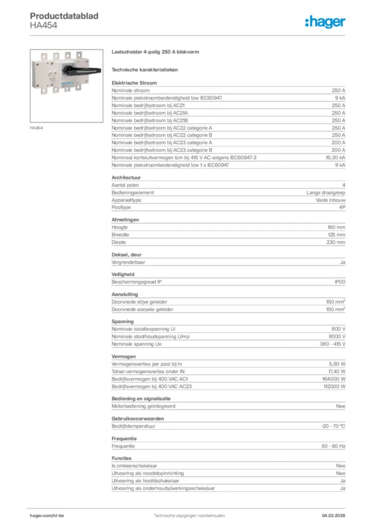 Afbeelding Hager Productdatablad HA454 | Hager Belgium