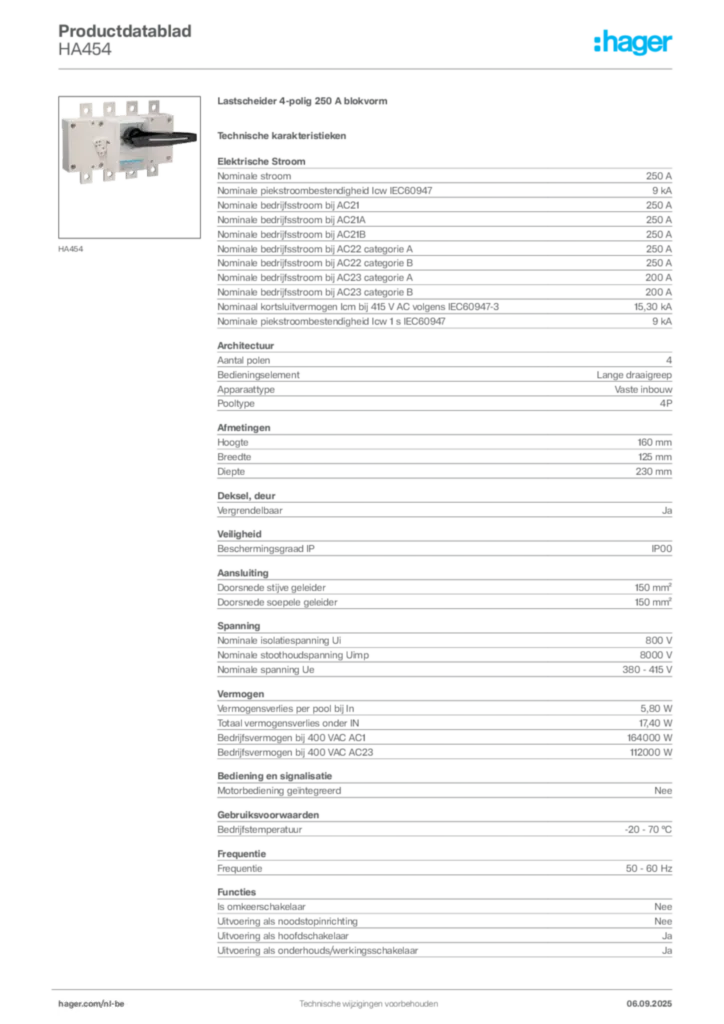 Afbeelding Hager Productdatablad HA454 | Hager Belgium