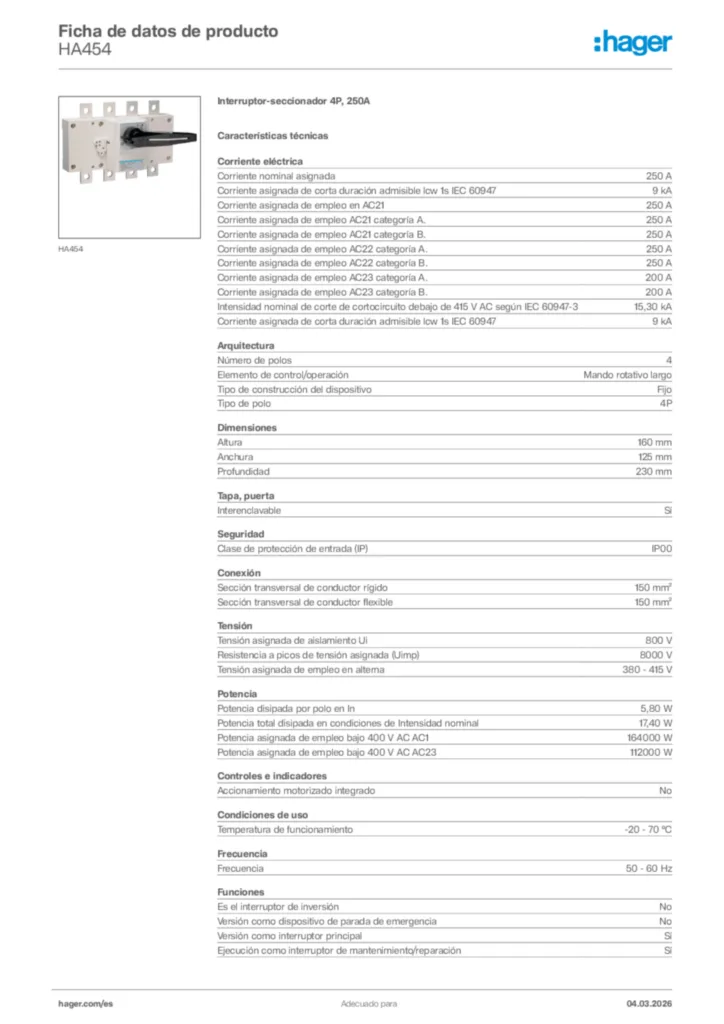 Imagen Hager Ficha de datos de producto HA454 | Hager España