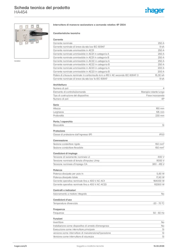 Immagine Hager Scheda tecnica del prodotto HA454 | Hager Italia