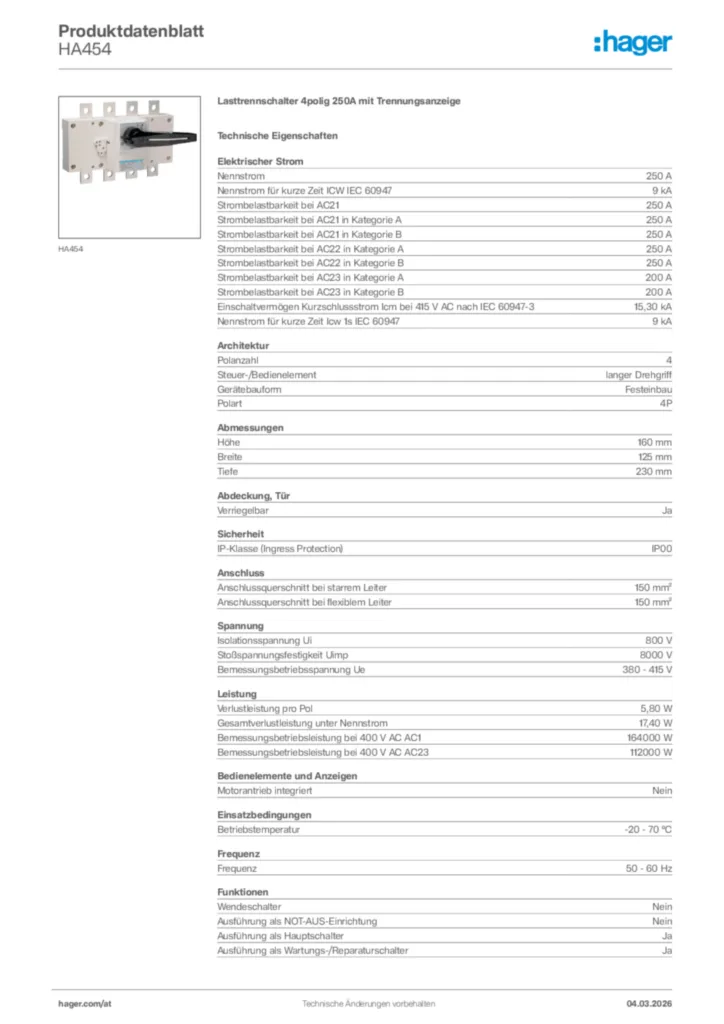 Bild Hager Produktdatenblatt HA454 | Hager Deutschland