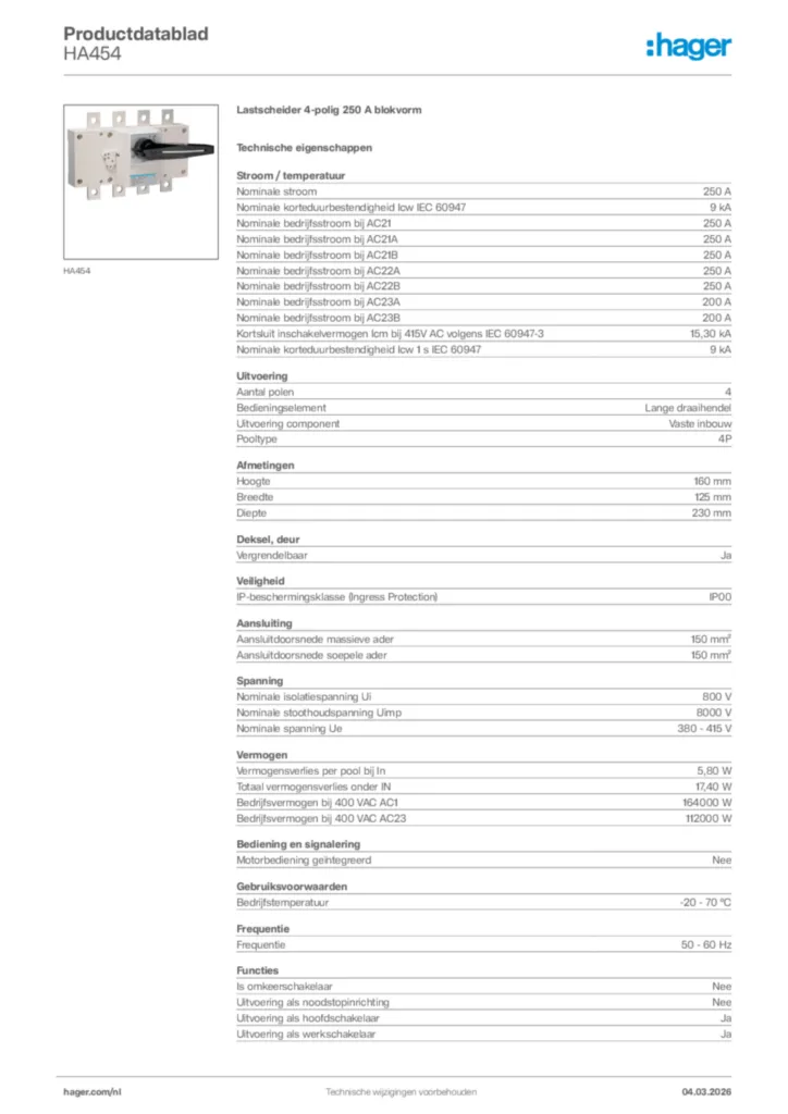Afbeelding Hager Productdatablad HA454 | Hager Nederland